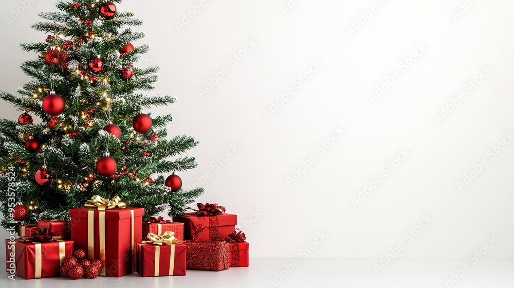 Canvas Prints Christmas Tree with Red decorations and Gifts. Holiday concept on White background with copy-space.