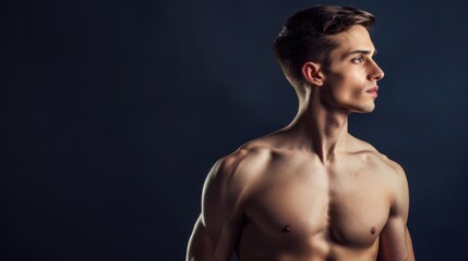Fototapeta premium Athletic Young Man with Perfect Physique Looking into Distance on Dark Background