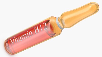 Injection of vitamins B 12 on a white background. Ampoules with red liquid. Beauty and health concept. Copy space. Selective focus