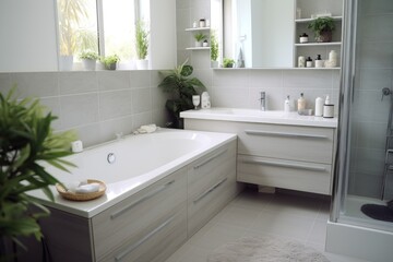 Fototapeta premium Modern bathroom with toilet, sink, and bathtub
