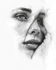 Detailed pencil sketch of a woman's face with focus on eyes and lips, featuring intricate line work and shading in a monochrome palette