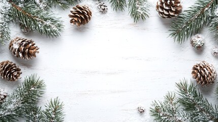 Winter background with space for text. Wooden snowy white background with fir branches and pine cones. Christmas and New Year