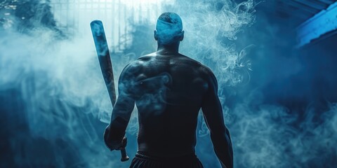 Fototapeta premium Man holding baseball bat in smoke