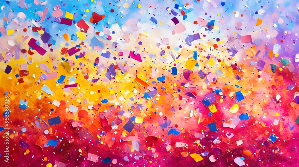 Sticker Celebration and colorful confetti party. Blur abstract background 