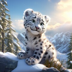 Snow Leopard Relaxing on Snowy Hilltop