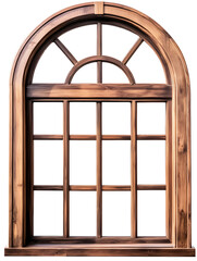 Obraz premium Large, semicircular, arched wooden window. Retro window with wooden frame. Isolated on a transparent background.