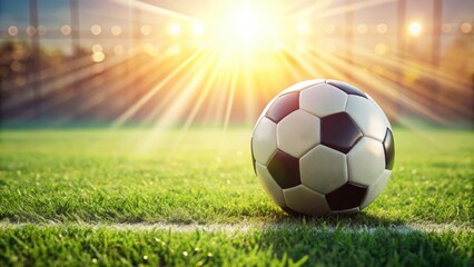 Fototapeta premium Soccer ball on grass field , sports, soccer, football, equipment, game, round, black and white, recreational, competition