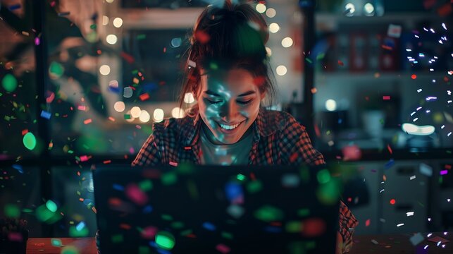 A woman sits in front of a laptop with a smile , confetti falling. Concept of victory