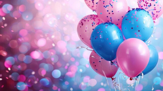 Bunch of blue and pink balloons floating in the air