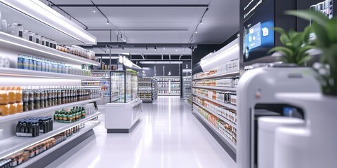 Obraz premium Futuristic AI-Enabled Supermarket with Smart Shelves and Digital Displays