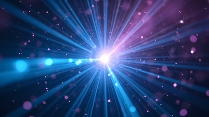 Naklejka premium Starburst of Blue and Violet Light Rays with Glowing Particles in Dark Space