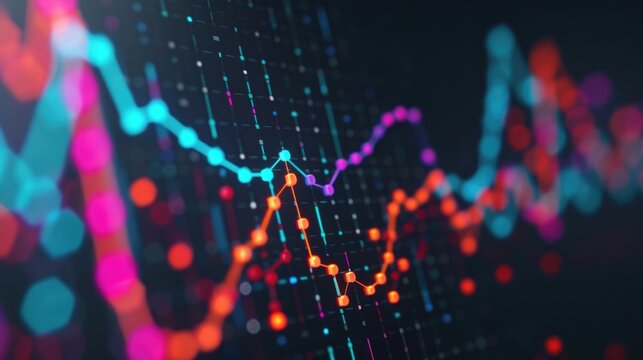 Vibrant and futuristic data visualization showcasing regression analysis with dynamic data points trend lines and a complex abstract background