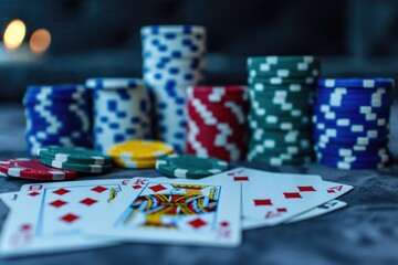 Poker Chips and Playing Cards on Casino Table in Evening Lighting