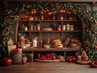 Central empty 3D podium surrounded by Christmas recipe books and cooking supplies, traditional holiday dishes. Cozy kitchen scene with holiday decorations. Cinnamon brown and creamy white with red.