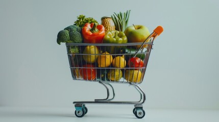 Full shopping cart of fresh produce on wooden table