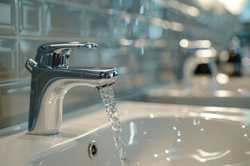 Close-up of chrome bathroom faucet with running water