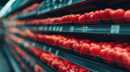 Dynamic pricing models with real time price adjustments and deep shelving displays of colorful grocery products in a modern supermarket setting