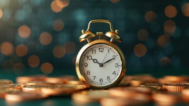 Dynamic Pricing Models with Real Time Price Adjustments and Deep Depth of Field Concept  Vintage Alarm Clock on Coins Symbolizing Business Finance and Investment Strategies