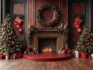 Fototapeta premium Central empty 3D podium surrounded by personalized Christmas gifts, such as engraved ornaments and custom stockings, with a backdrop of a cozy fireplace and decorated tree. Rich and pine green bronze.