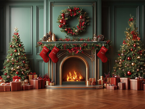 Central empty 3D podium surrounded by personalized Christmas gifts, such as engraved ornaments and custom stockings, with a backdrop of a cozy fireplace and decorated tree. Rich and pine green bronze.