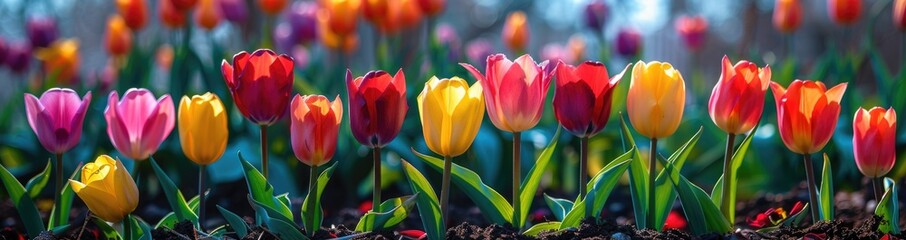 Naklejka premium A close-up shot of a vibrant flowerbed filled with colorful tulips in full bloom.