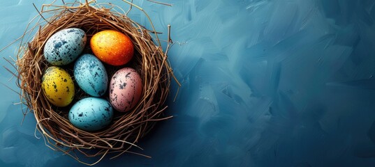 Decorated easter eggs in nest on blue background
