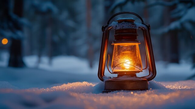 Vintage lantern glowing in the snow during a winter night