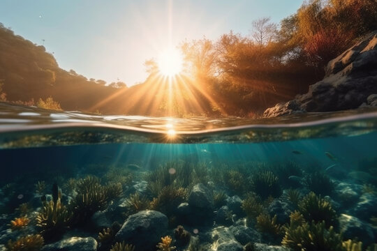 Sunlight breaks the surface, revealing vibrant underwater vegetation and pebbles while the day transitions to evening