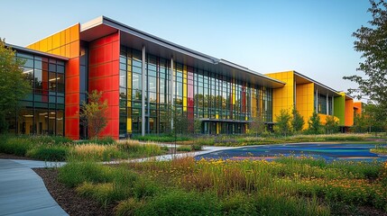 Exterior of a new school with colorful facade, landscaped grounds, and sports facilities.