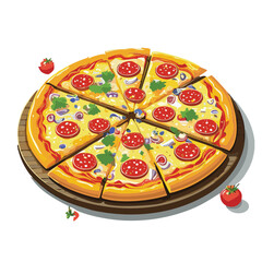 Pizza with tomato, cheese, olive, sausage, onion, basil.