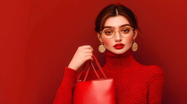 A woman fashion model wearing red and holding a red fashion bag against a red isolated background.