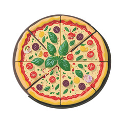 Pizza with tomato, cheese, olive, sausage, onion, basil.