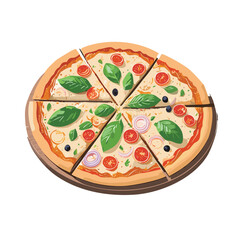 Pizza with tomato, cheese, olive, sausage, onion, basil.