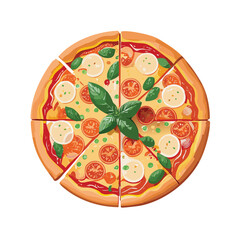Pizza with tomato, cheese, olive, sausage, onion, basil.