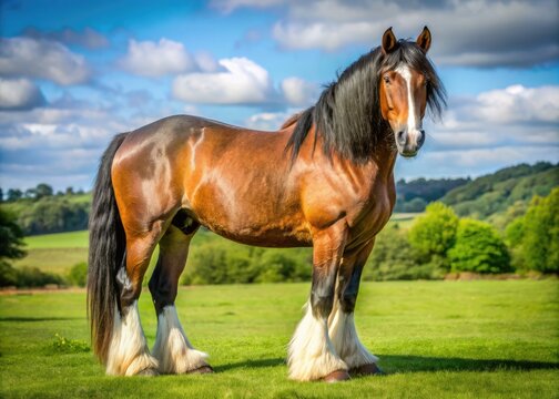 A Close-Up Photograph Of A Hefty Draft Horse With A Black Mane And Tail, Standing On A Grassy Field