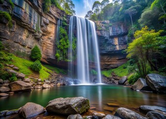 Queen Mary Falls in January with a focus on the water's edge, emphasizing the details of the rocks