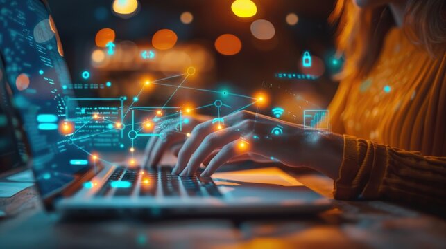 Woman working on laptop with digital interface at night