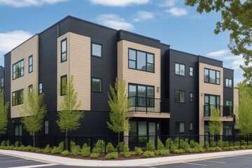 Obraz premium Modern Multifamily Building with Beige and Black Hardie Plank Siding, Balconies, and Greenery Against a Clear Blue Sky