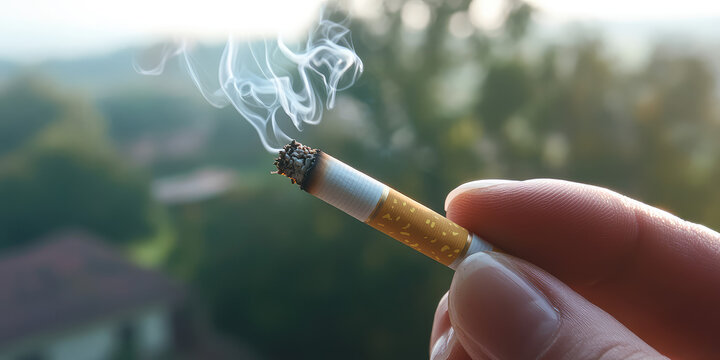 A smoker hand holds a smoking cigarette against a natural landscape. Air pollution, passive smoking