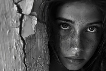 Woman peeking through crack in wall