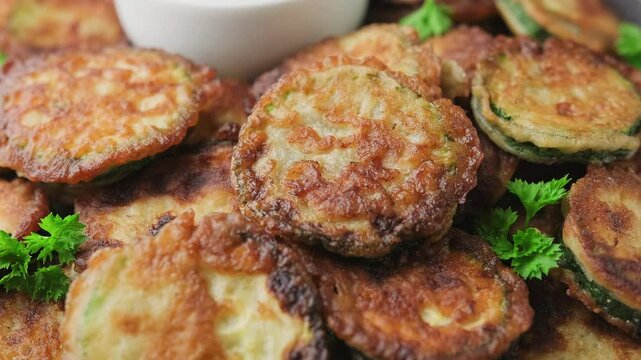 Crispy fried zucchini in butter with garlic sauce. Rotating video