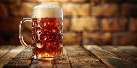 Full beer mug on wooden table