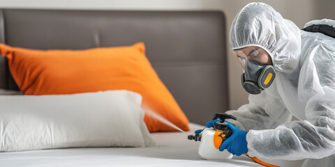 Exterminator in a protective suit and breathing mask working bed bug spray to a bed in room