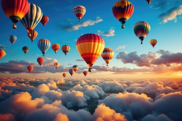 Obraz premium Hot air balloons over lake at sunset