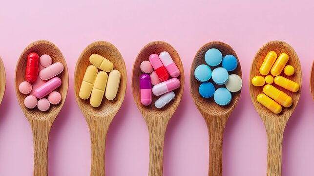 Wooden Spoons Filled with Various Colorful Pills