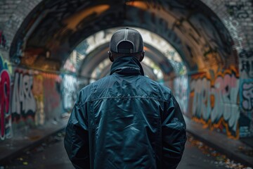 Obraz premium Man walking through graffiti tunnel