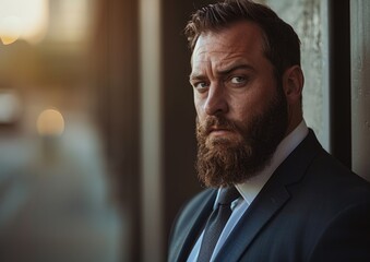 Bearded man in suit standing by window