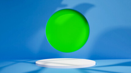 3D Empty Podium on Blue and Green Abstract Background with Leaf Shadows