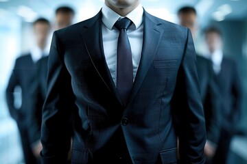 Businessman in suit walking in office building