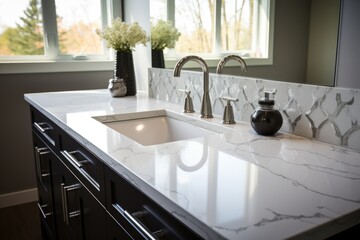 Modern bathroom vanity with white quartz countertop